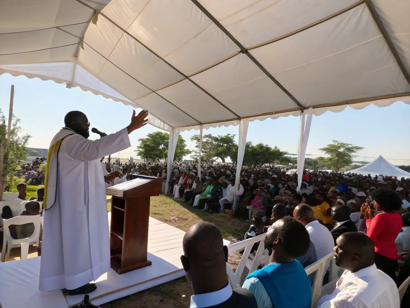 A photograph capturing a large crowd attending a Christ Chosen TV event, with Prophet Matthew Israel leading a prayer session under a tent.