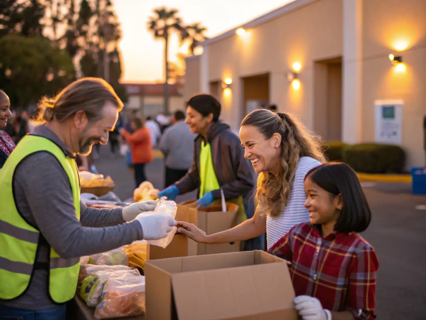 A heartwarming image of Christ Chosen TV volunteers providing food and supplies to a local community in need, showcasing their outreach efforts.